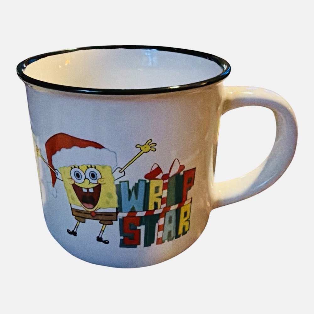 SpongeBob SquarePants Christmas Mug Wrap Star White Ceramic Black Rim 2022
